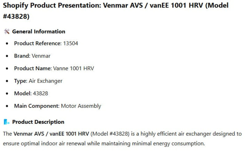 13504, Venmar,Vanne 1001, HRV, Motor Assembly, Model 43828, HRV,