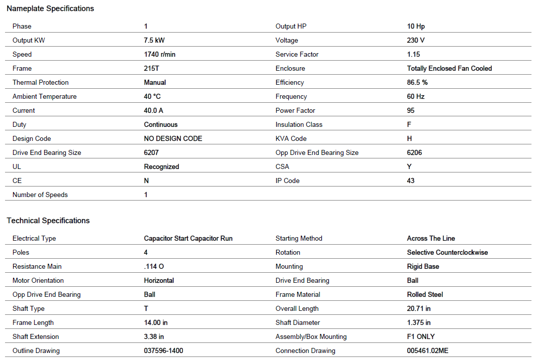 140414.00, Agricultural Motor, 10Hp, 1740 RPM, 230V, 1Ph, 60Hz, Frame 215T, TEFC, P215K17FB6H
