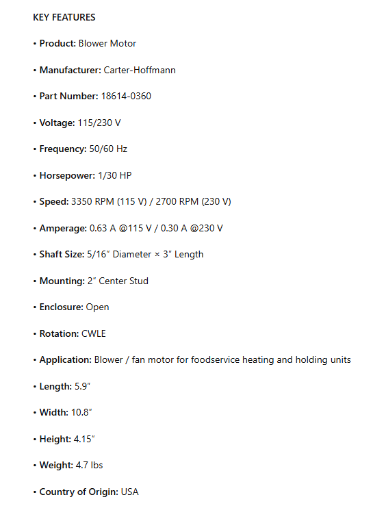 18614-0360 , OEM Blower Motor, 1/30Hp, 3350/2700RPM, 115/230V, 50-60Hz, CWLE, Open Enclosure