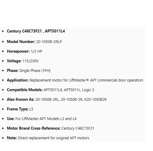 20-1050B-2RLP, 1/2Hp, 115/230V, 1Ph, APT5011L4, Century C48C73F21 , L3,