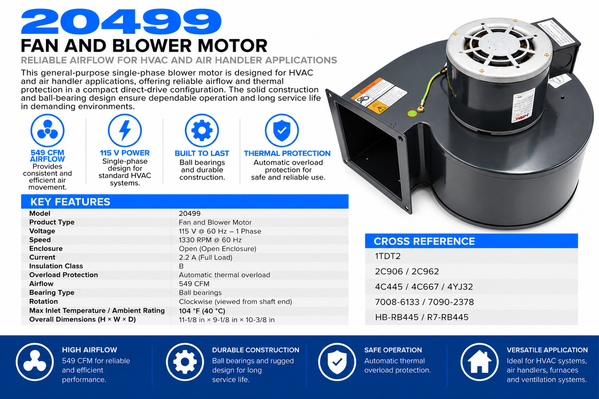 20499, Blower Motor, 1/4 Hp, 1330 RPM, 115 V, 1 Ph, 60 Hz, Open Enclosure, Direct Drive