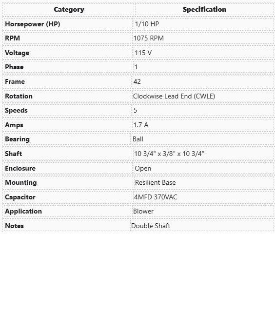 2362ASX,1/10Hp,1075 Rpm,115 Volts, Fr:42, Century 93V1, US Motor 1182,Open,