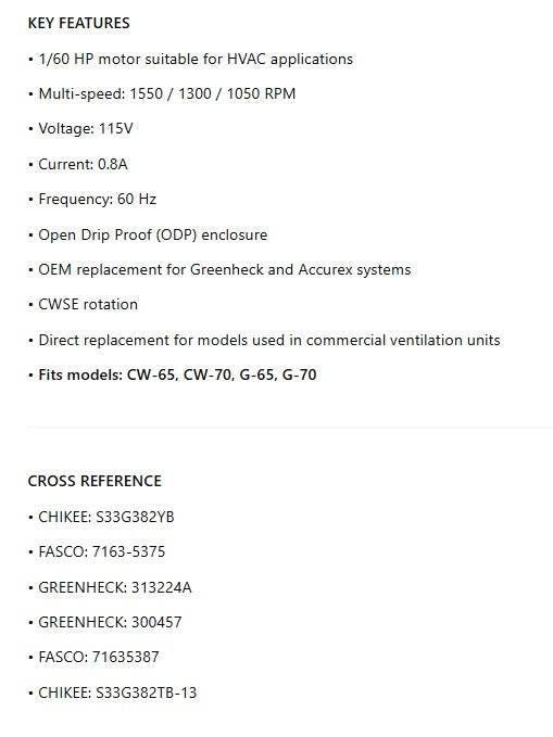 313224,300457,71635387, 1/60 Hp, 1550/1300/1050 Rpm,115V,0.8A,ODP,LR6319,