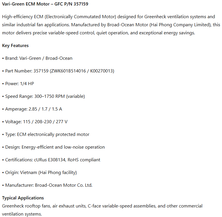 357159, 1/4Hp,300-1750 Rpm, 2.85/1.7/1.5A, 115/208-230/277V, ZWK601B514016, K00270013,