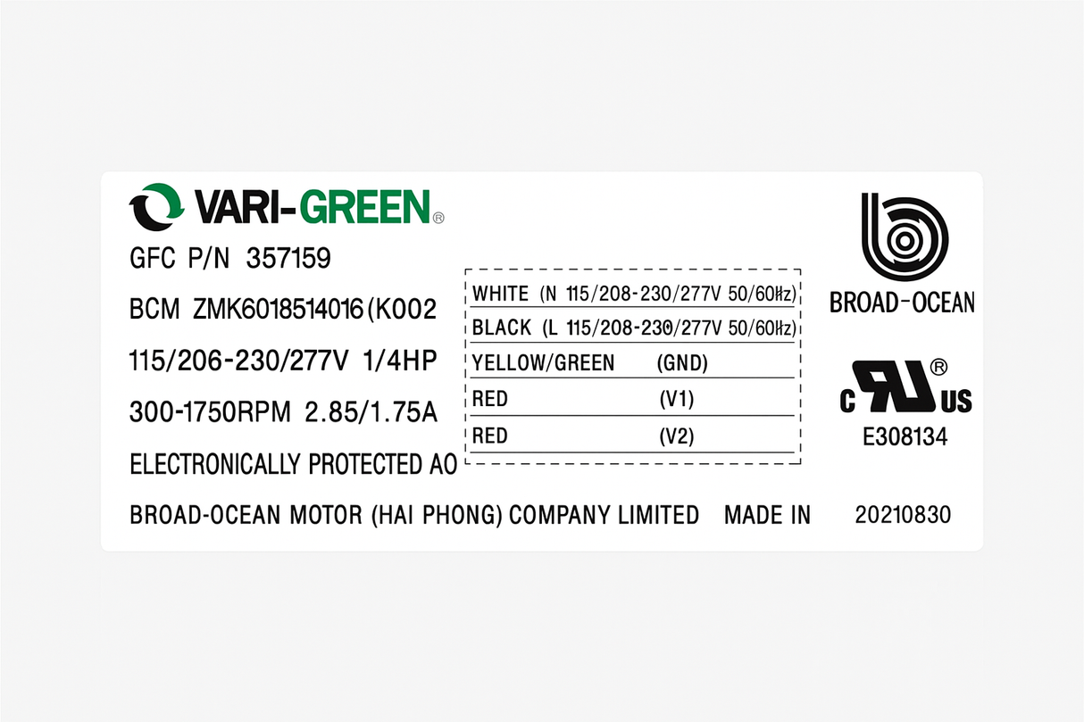 357159, 1/4Hp,300-1750 Rpm, 2.85/1.7/1.5A, 115/208-230/277V, ZWK601B514016, K00270013,