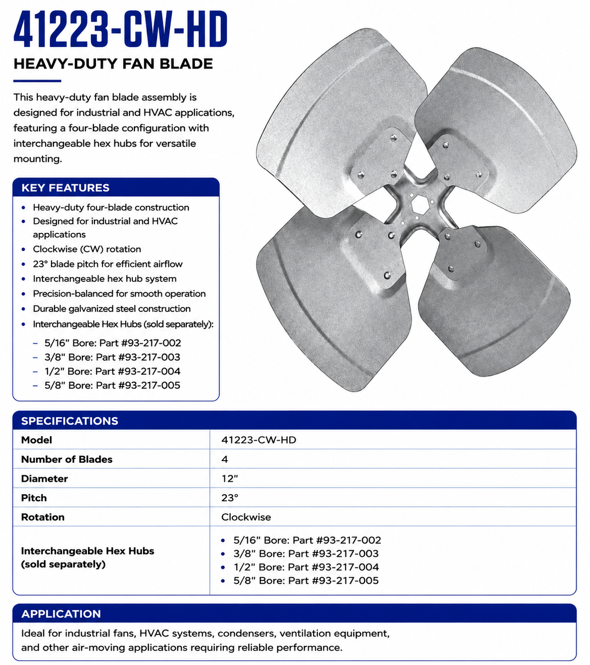 41223‑CW‑HD, Fan Blades, 4‑Blade, 12" Diameter, 23° Pitch, Clockwise Rotation
