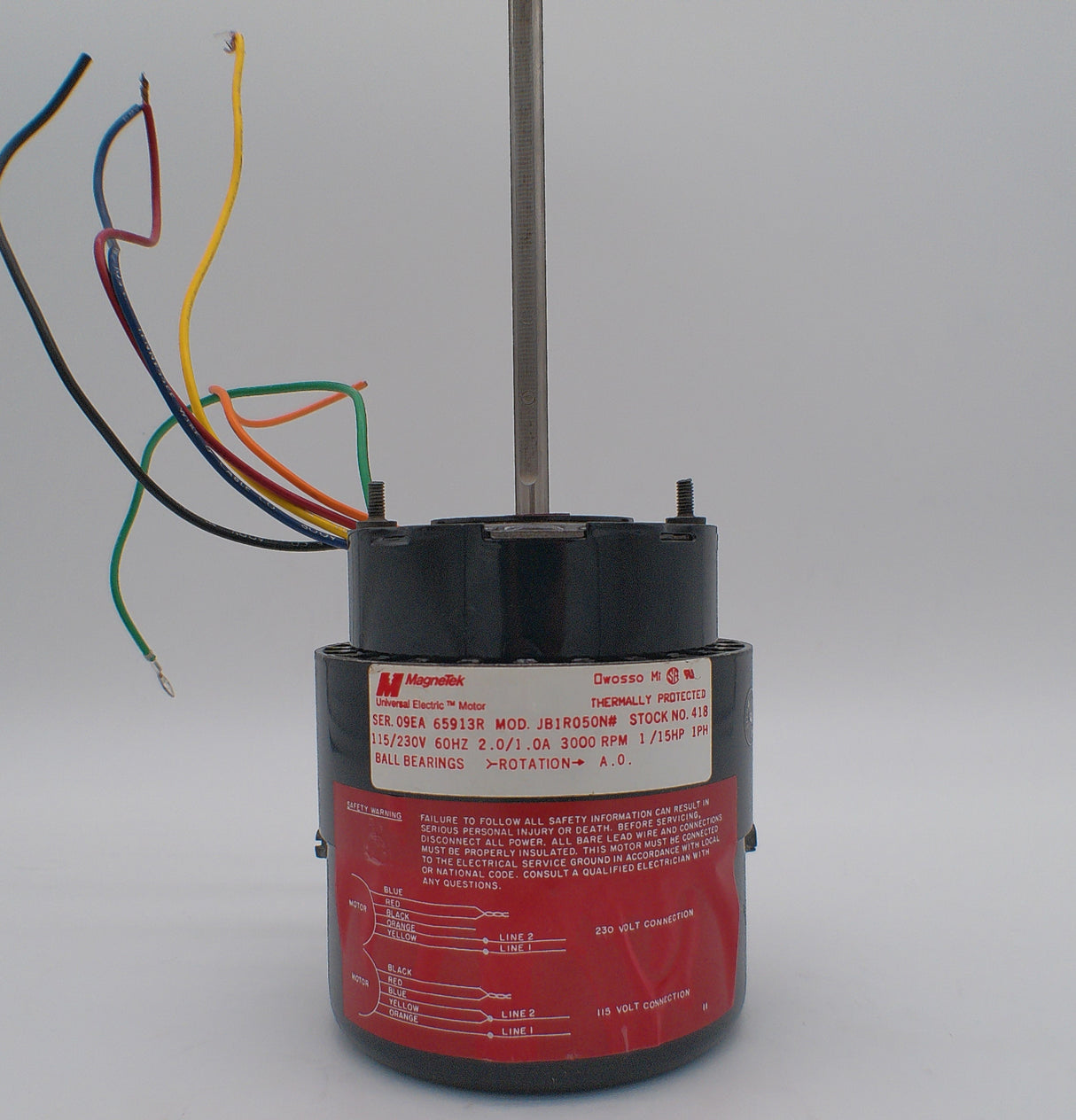 418, JB1R050N, Magnetek, 1/15 Hp, 3000 Rpm, 115-230V, Frame:3.3, Tefc,