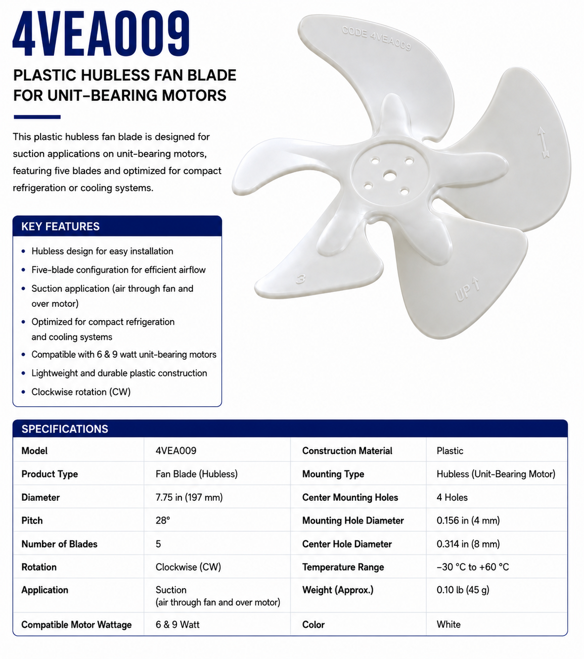 4VEA009, 7.75" Dia, 28° Pitch, 5‑Blade, CW Suction, 6 & 9 Watt