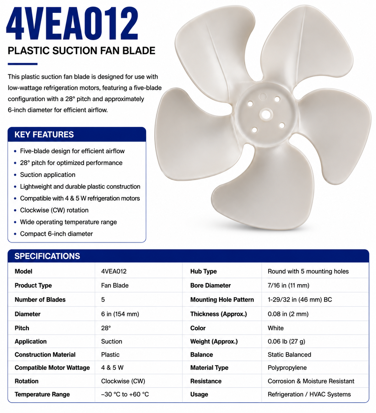 4VEA012, 5‑Blade, 6‑in Dia, 28° Pitch, Suction, 4–5 Watt