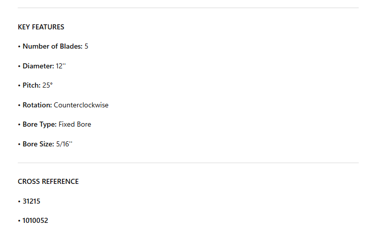 51225-CCW , Fan Blades, 5 Blades, 12'' Dia, 25 Degrée Pitch, Bore 5/16