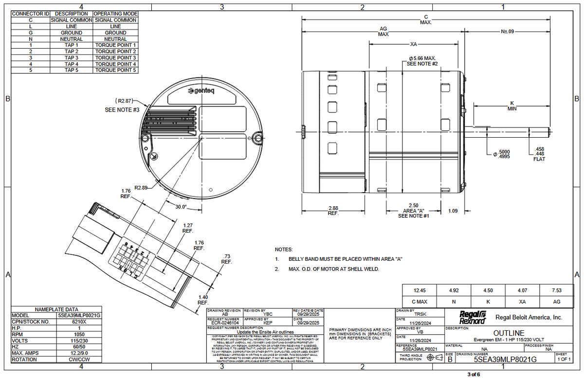 6210X, 1Hp, 1050 RPM, 115/208‑230 V, 1 Ph, 60/50 Hz, Open Air Over (OAO), Frame 48, 5SEA39MLP8021G
