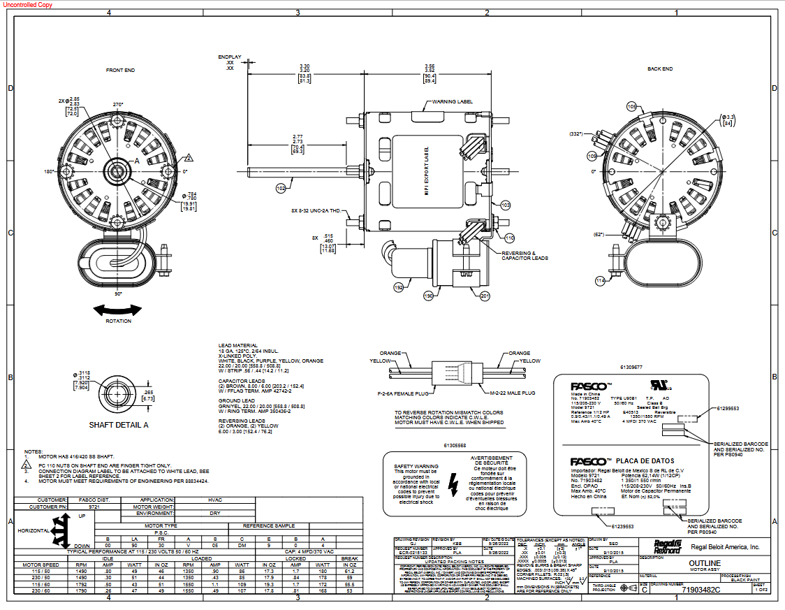 9721, 1/12 Hp, 1350/1550 RPM, 115/208‑230 V, 1 Ph, 50/60 Hz, OAO, Frame 3.3,