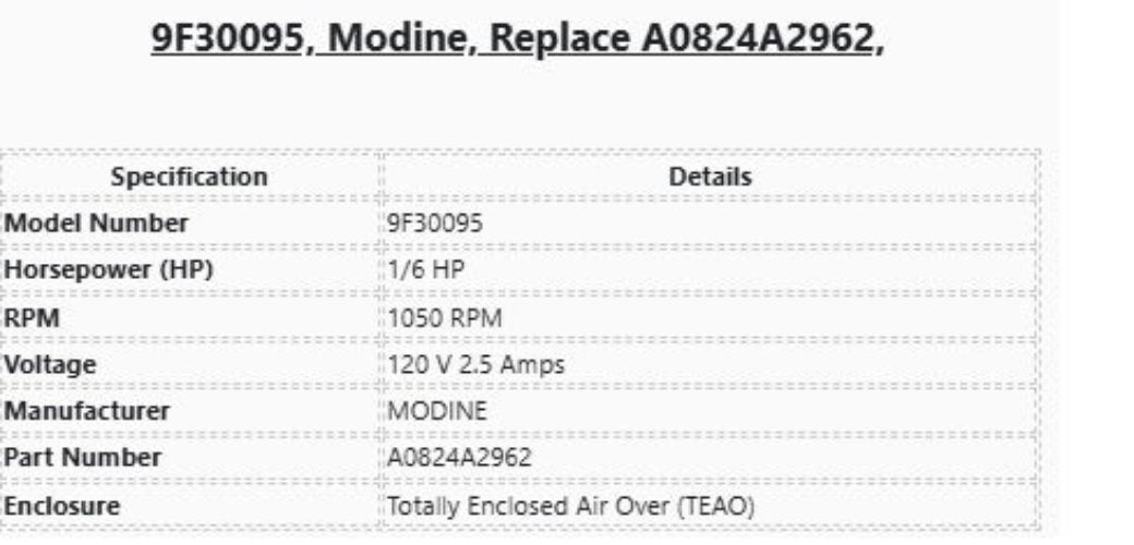 9F30095, 1/6Hp, 1050 Rpm, 120 Volts, 1PH, MODINE, A0824A2962,TEAO,