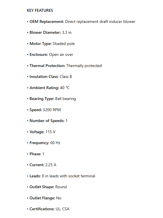 A225, 702111874, OEM Replacement Draft Inducer Blower, 115 Volts, 3200 RPM, OAO, 3,3'' DIAMETER