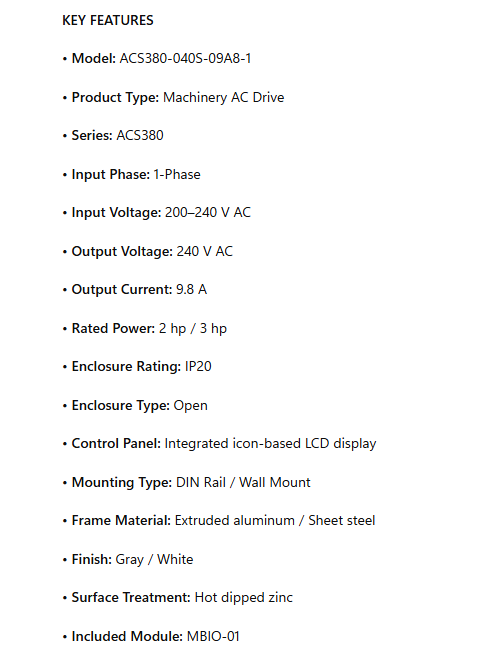 ACS380-040S-09A8-1, Low Voltage Machinery AC Drive, 1 Phase, 200 to 240 V AC Input/240 V AC Output, 9.8 A, 2 hp, 3 hp,
