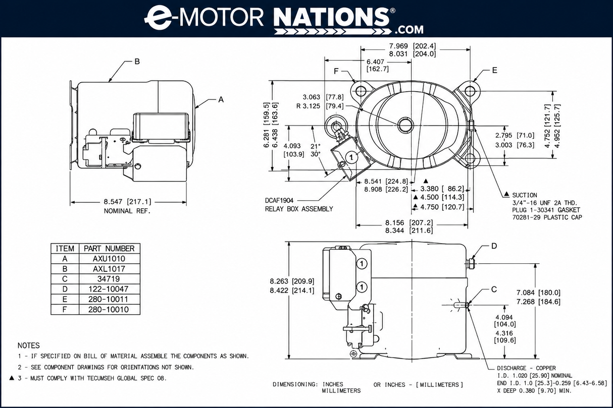 AKA4476YXA, 0.75 Hp, 115 V @ 60 Hz / 100 V @ 50 Hz, Reciprocating Compressor, AK169AR‑B38‑J7