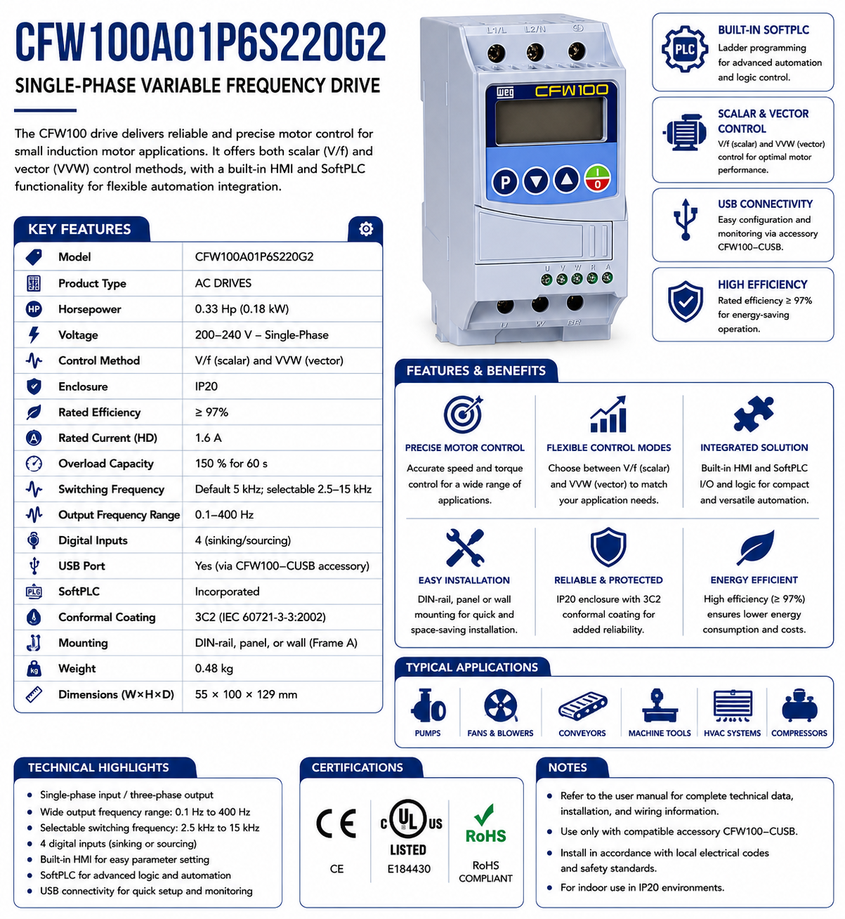 CFW100A01P6S220G2, 0.33 Hp, 0.18 kW, 200‑240 V, 1 Ph, IP20, Frame A, Variable Frequency Drive