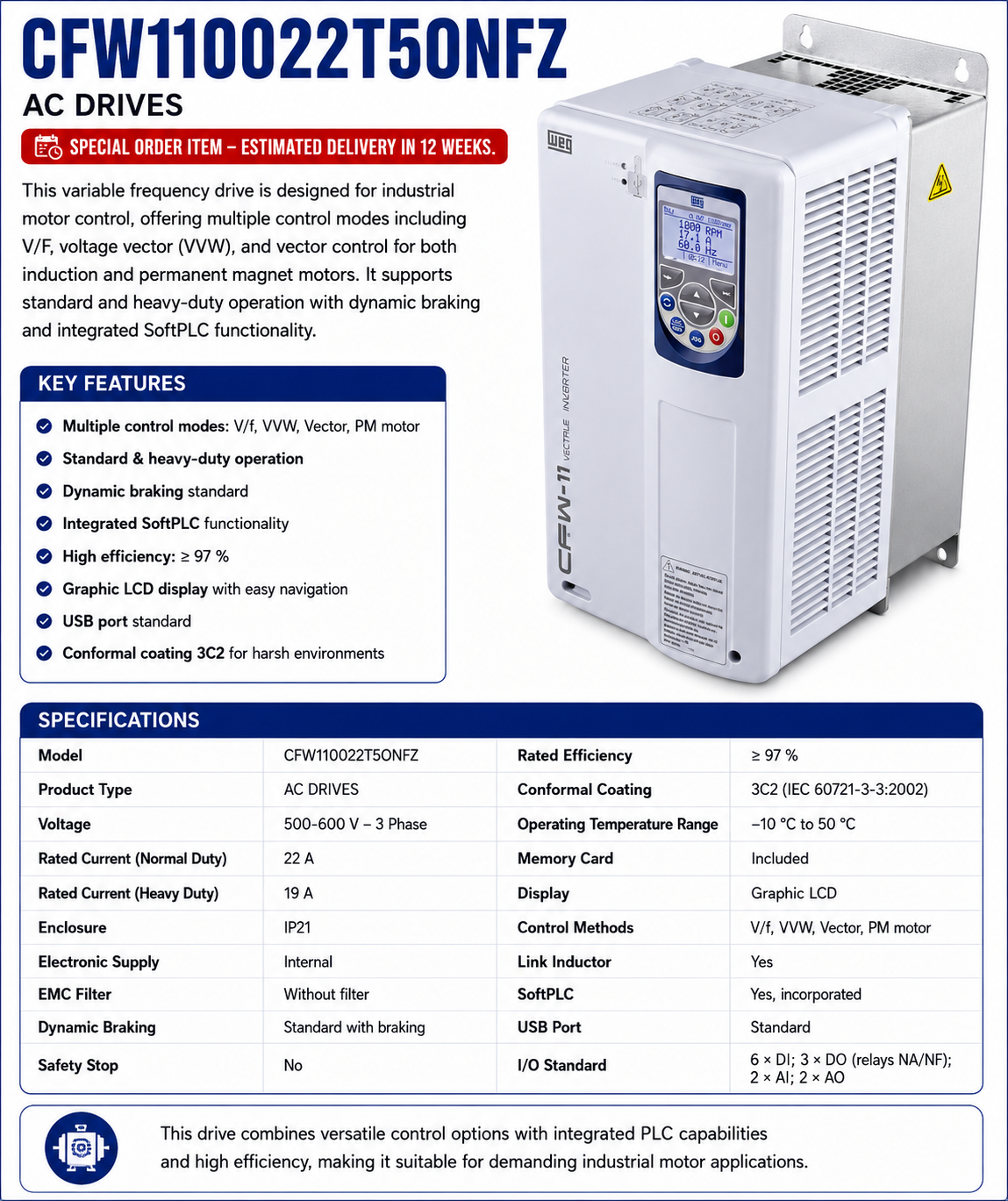 CFW110022T5ONFZ, 22 A (ND) / 19 A (HD), 500‑600 V, 3‑Phase, IP21, CFW11 Series