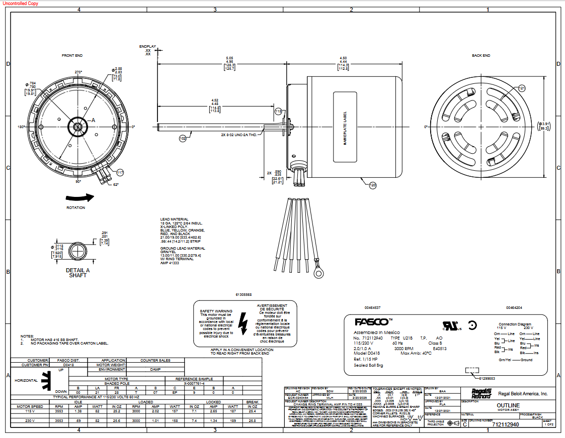 D0418, 1/15 Hp, 3000 RPM, 115/230 V, 1 Ph, 60 Hz, TEFC, Frame 3.3‑in