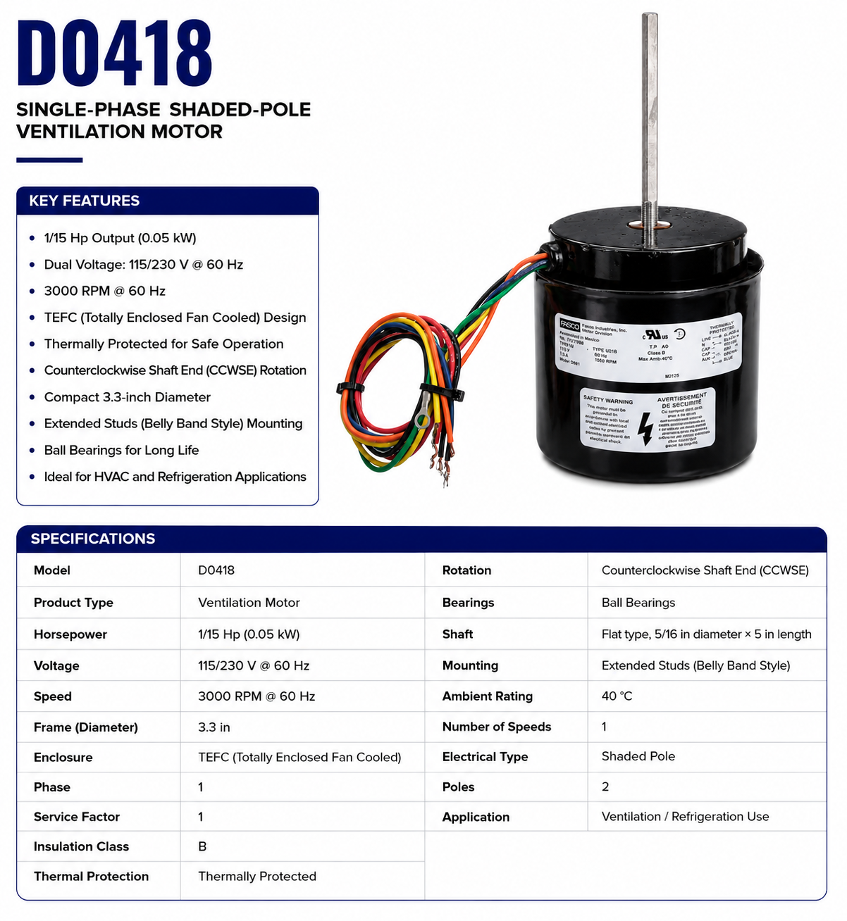 D0418, 1/15 Hp, 3000 RPM, 115/230 V, 1 Ph, 60 Hz, TEFC, Frame 3.3‑in