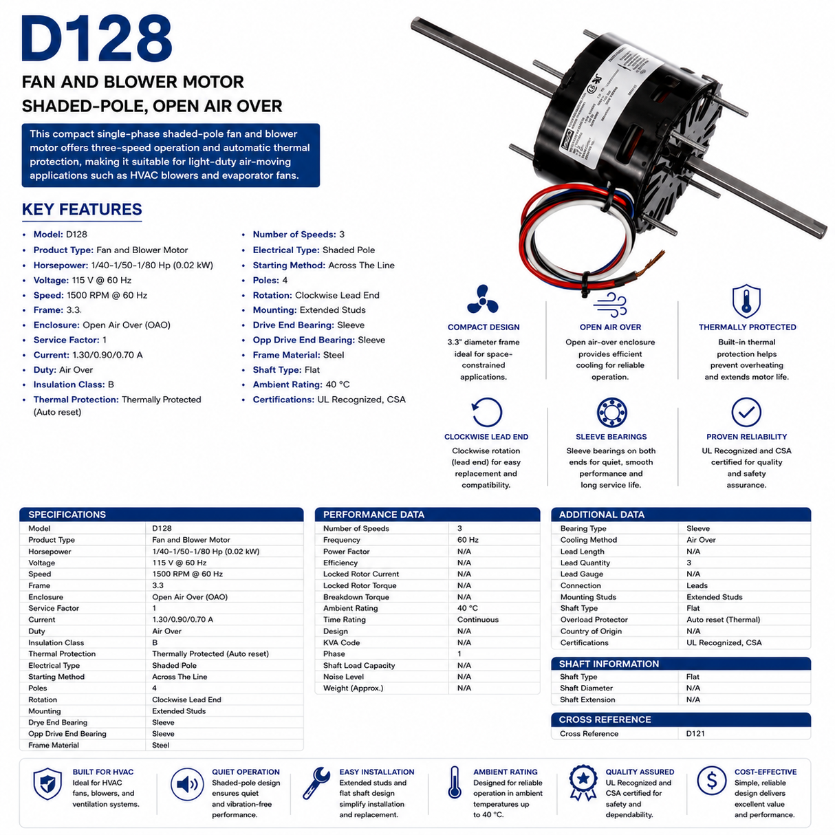 D128, 1/40‑1/50‑1/80Hp, 1500 RPM, 115 V, 1 Ph, 60 Hz, Open Air Over, Frame 3.3