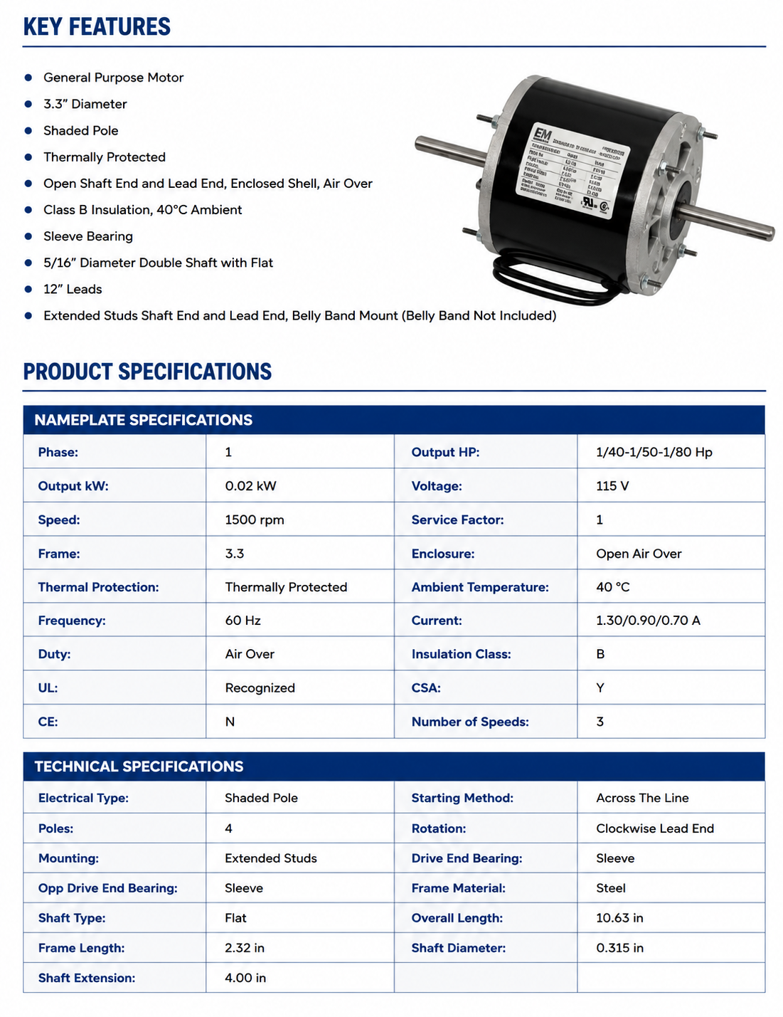 D128, 1/40‑1/50‑1/80Hp, 1500 RPM, 115 V, 1 Ph, 60 Hz, Open Air Over, Frame 3.3