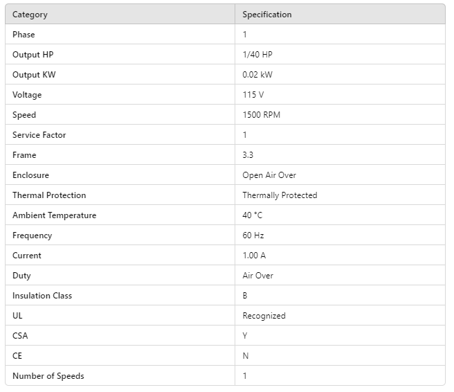 D131, Fasco, 1/40Hp, 1500 Rpm, 115 Volts, Frame: 3.3, Open Air Over,