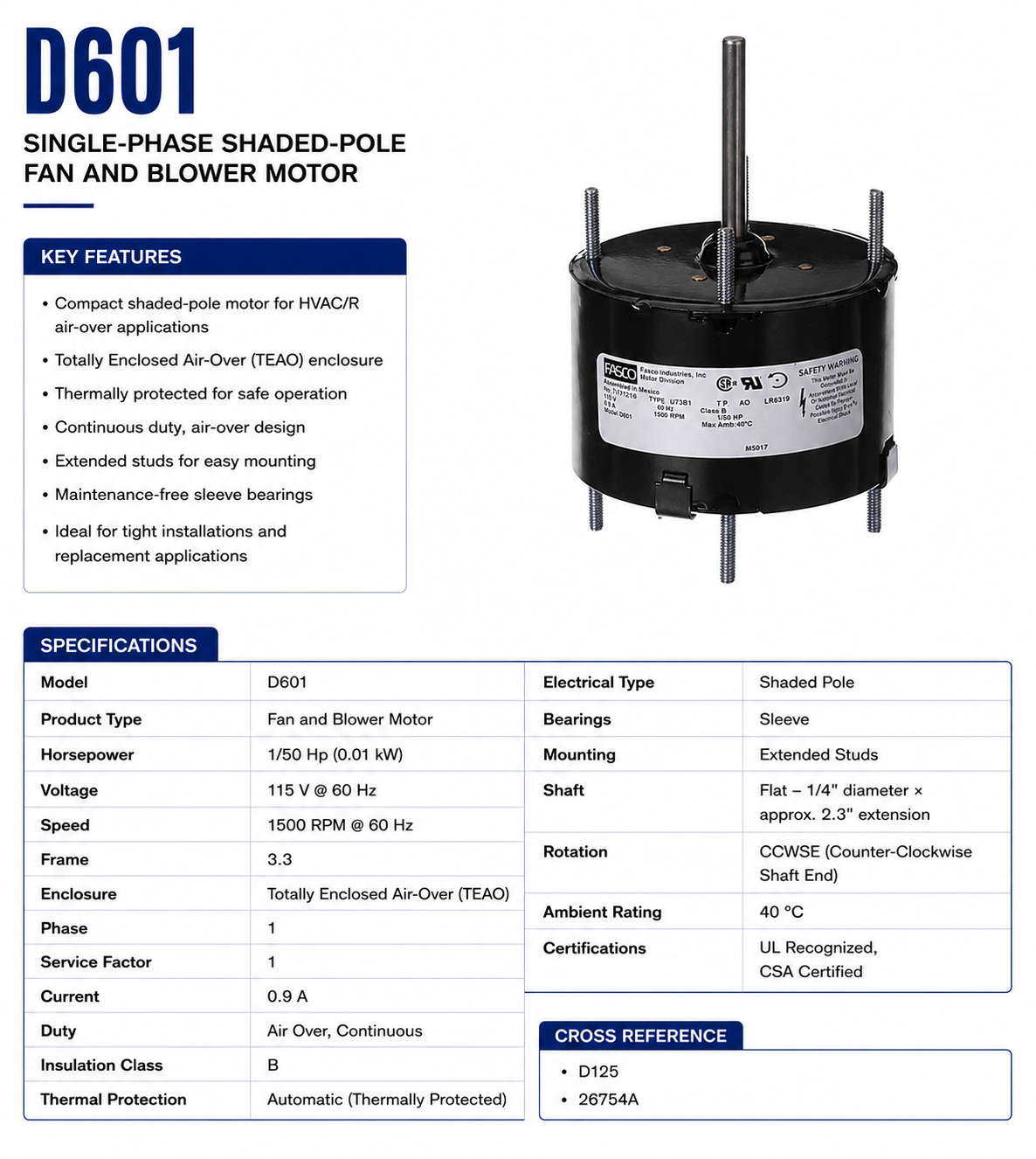 D601, 1/50 Hp, 1500 RPM, 115 V, 1 Ph, 60 Hz, TEAO, Frame 3.3