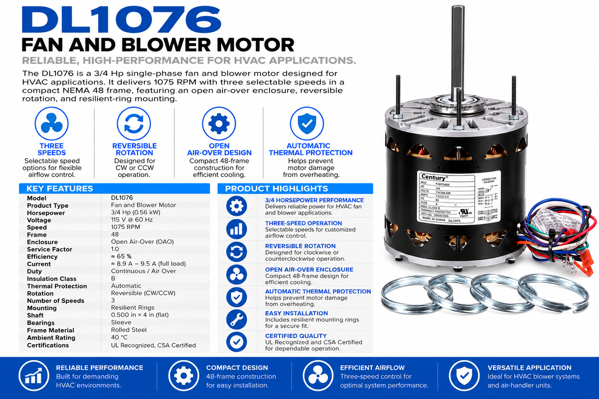 DL1076, 3/4Hp, 1075 RPM, 115 V, 1 Ph, 60 Hz, Open Air‑Over, Frame 48