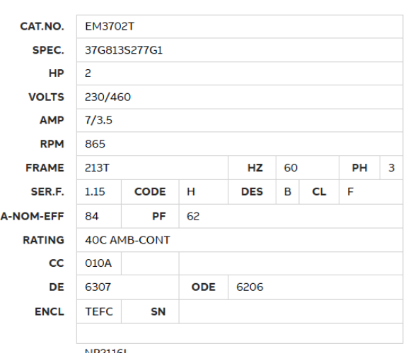 EM3702T, Baldor, 2 Hp, 865 Rpm,230/460V, Fr:213T,37G813S277G1 ,TEFC,