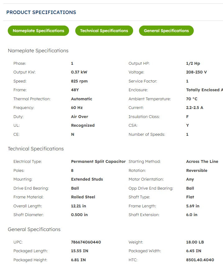 EM3746F, Century,1/2Hp, 825 Rpm, 208-230V, Condenser fan, Fr:48, TENV,