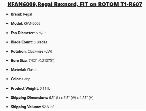 KFAN6009,Regal, 6-5/8'' Diameter, 5 Blades, CW, Bore : 7/32, Plastic,