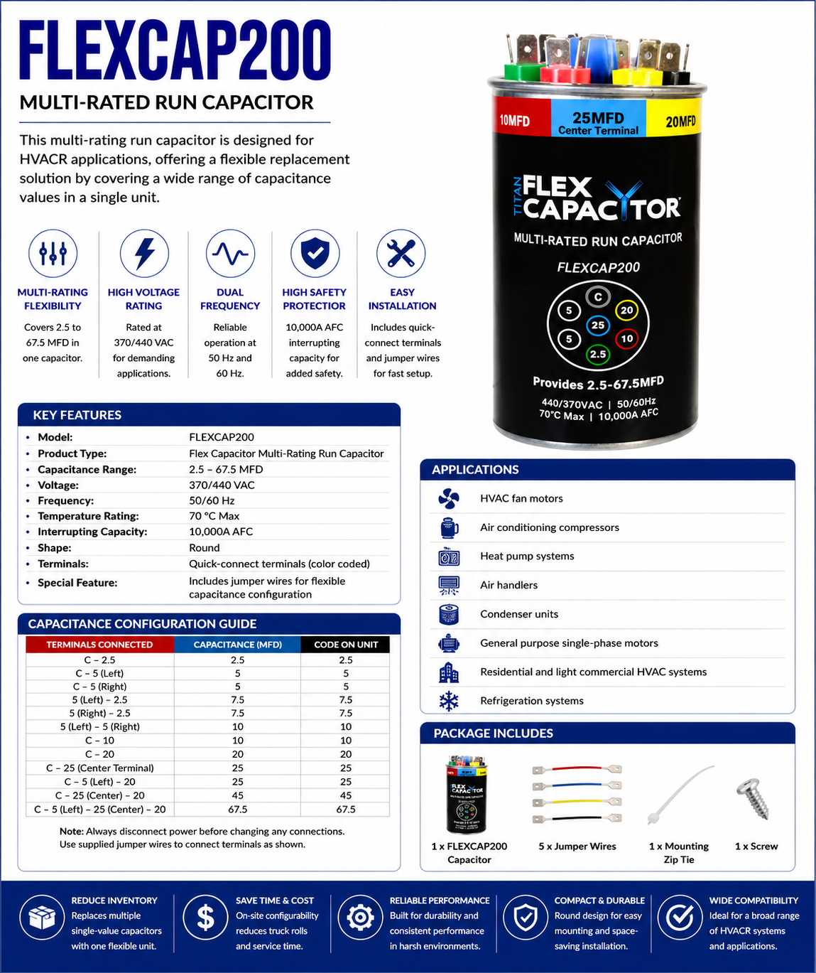FLEXCAP200, Multi‑Rating Run Capacitor, 2.5‑67.5 MFD, 370/440 V