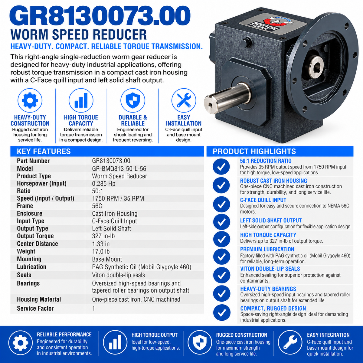 GR8130073.00, 0.285Hp, 1750 RPM, 50:1 Ratio, Right‑Angle Worm Gear Reducer, Cast Iron, GR-BMQ813-50-L-56
