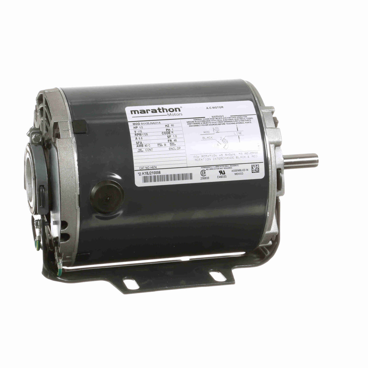 H674, Marathon, 1/3Hp, 1725 Rpm, 115 Volts, Frame: 48, 5KH35JNA231,DP,