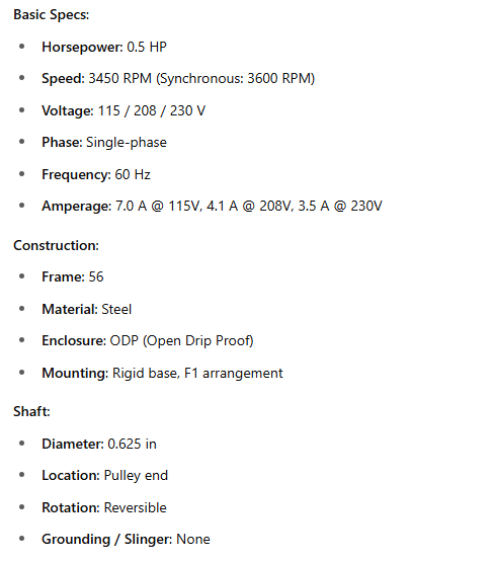 L1303, Baldor, 1/2 Hp, 3450 Rpm, 115-208/230V, Fr:56, Open drip proof,