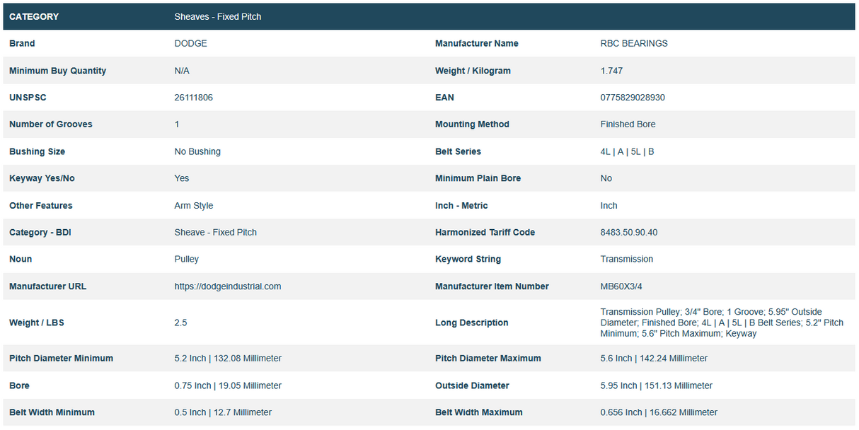 MB60X3/4 , BK62-3/4, Transmission Pulley; 3/4" Bore; 1 Groove; 5.95" Outside Diameter; Finished Bore; 4L | A | 5L | B Belt Series; 5.2" Pitch Minimum; 5.6" Pitch Maximum; Keyway