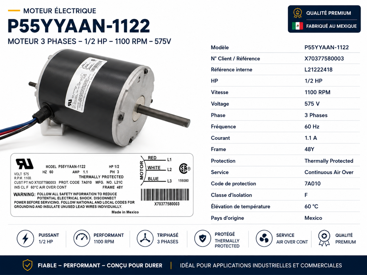 X70377580003, 1/2Hp, 1100 Rpm, 3 Ph,575V,P55YYAAN-1122,MOT19649,L21222418,Fr:48Y,