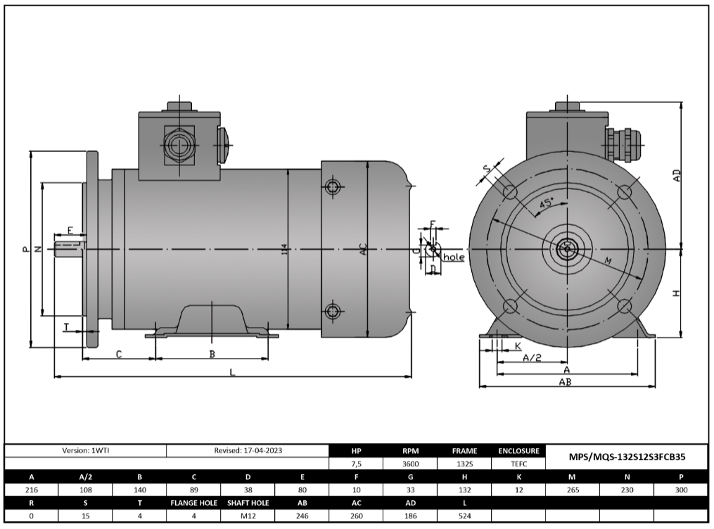 MQS-132S12FC-S3-D Flange, 7.5Hp, 3600 RPM, 208-230/460V, 3Hp, 60-50Hz, TEFC, Frame 132S, IP69K