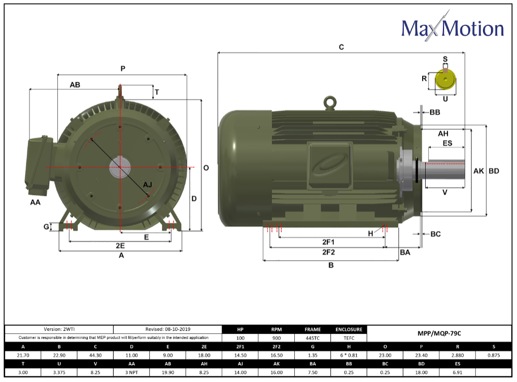 MQP‑79C, 100 Hp, 890 RPM @ 60 Hz / 735 RPM @ 50 Hz, 230/460 V @ 60 Hz / 190/380 V @ 50 Hz, TEFC, Frame 440/5T