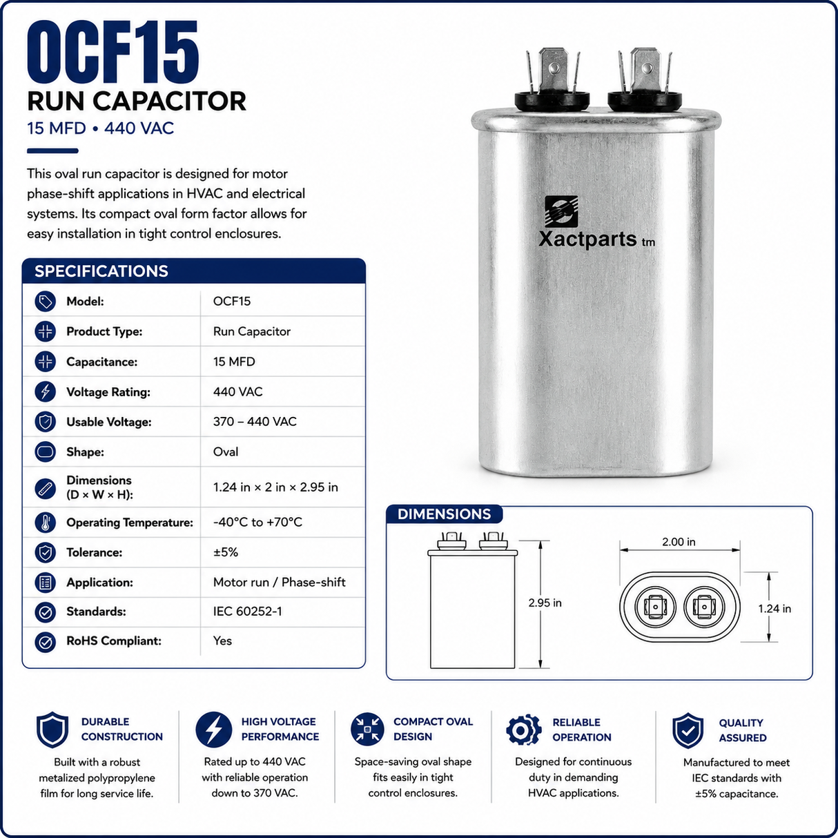 OCF15, 15 MFD, 440 V (usable at 370 V), Oval Capacitor