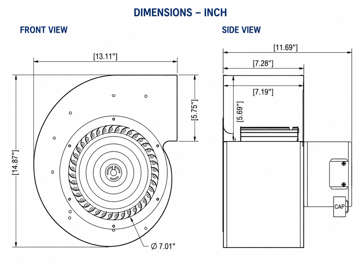 PTDU2, 1/2Hp, 1380 RPM, 115/230 V, 1 Ph, PSC Blower Assembly