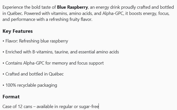 Platto Energy Drink, Blue Raspberry, Framboise Bleu, 12X473ML,Sucre,Sugar,
