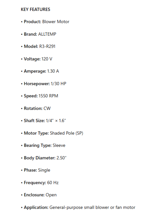 R3-R291, Blower Motor, 1/30Hp, 1550RPM, 120V, 60Hz, 1Ph, CW, Open Encl.