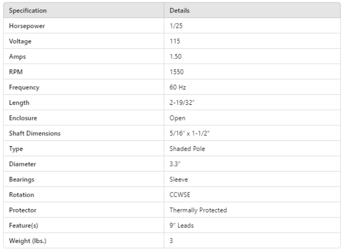 SS332, 1/25Hp,1550 Rpm, 0.5A,120V,CCWSE, 2868-405-220, 5/16” x 1-1/2”,