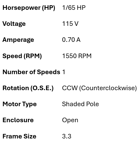 SM-415, 2868-407-063K, Electrohome, 1/65 Hp, 1550 Rpm, 120 Volts, OAO,