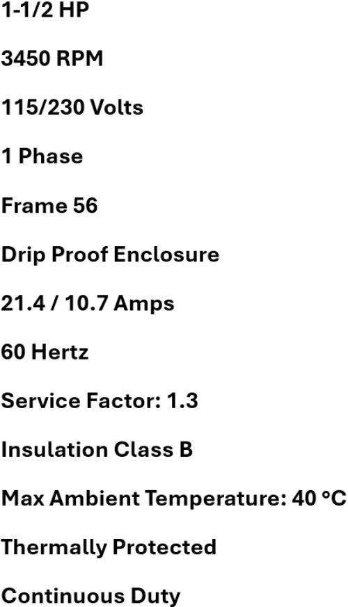 1103043417, Franklin Electrics, 1-1/2Hp, 3450 Rpm, 115/230V, Frame:56,