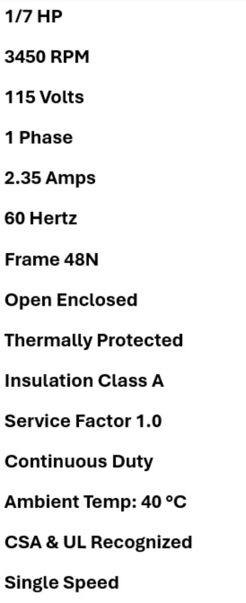 S55GYFFR-3466, Emerson, 1/7Hp, 3450 Rpm, 115 Volts, Frame: 48N, Oao,