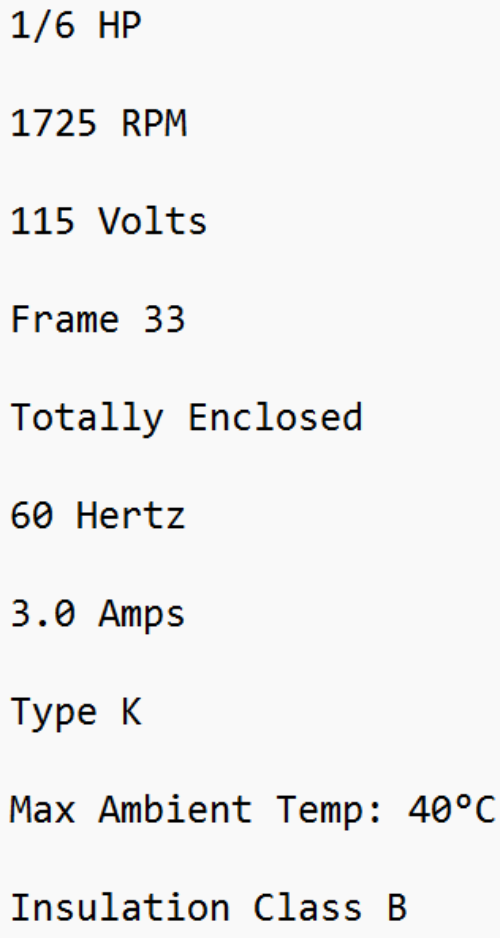 7J303BAX, General Electric, 1/6Hp, 1725 Rpm, 115 Volts, Frame: 33, Te,