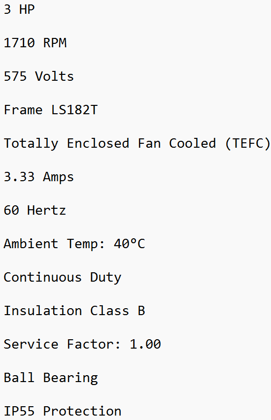 361712, Leroy Somer, 3 Hp, 1710 Rpm, 575 Volts, Frame: ls-182T, Tefc,
